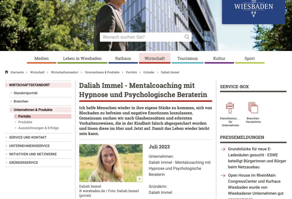 Stadt Wiesbaden Gründer Interview Daliah Immel Hypnose Mentalcoach Psychologischer Berater Hypnosepraxis Frauen und Kinder